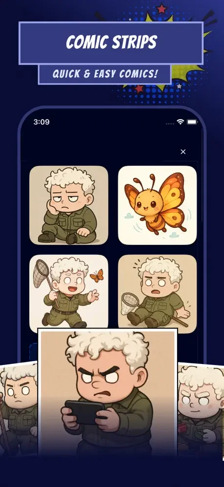 Quick comic strip maker showing multi-panel cartoon sequences with character emotions and customizable scene layouts