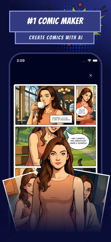 AI comic creator producing multi-panel stories with character dialogue, detailed artwork, and professional comic formatting