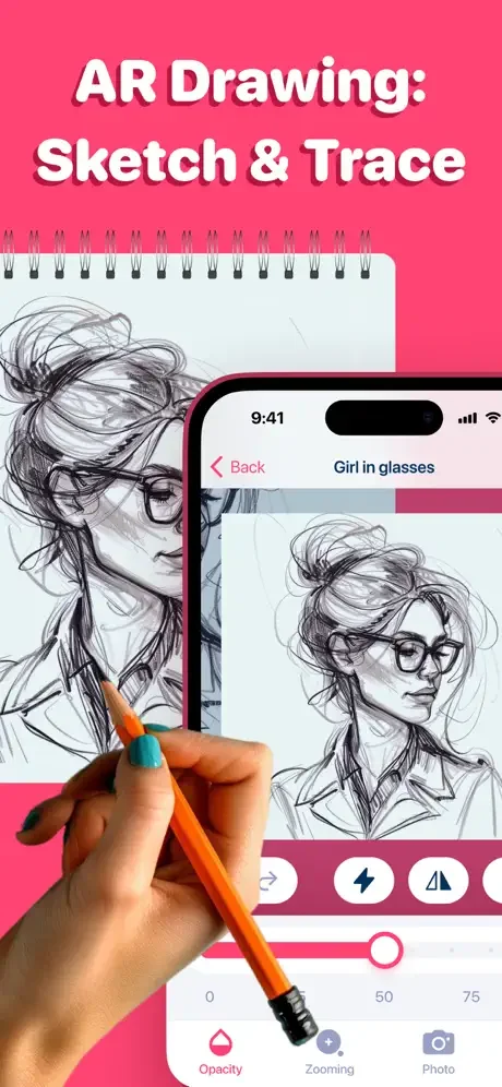 Hand holding stylus drawing girl with glasses in AR Drawing app sketch tracing interface with editing tools