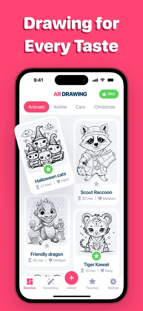 AR Drawing app interface displaying categorized sketch templates including animals, anime, cars with difficulty levels