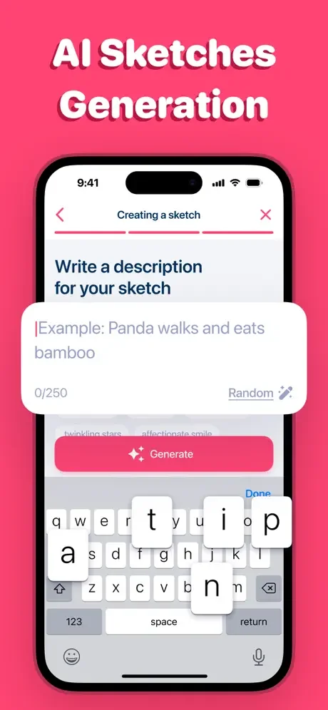 AI sketch generation screen with text input field for writing descriptions to create custom AI-generated drawings
