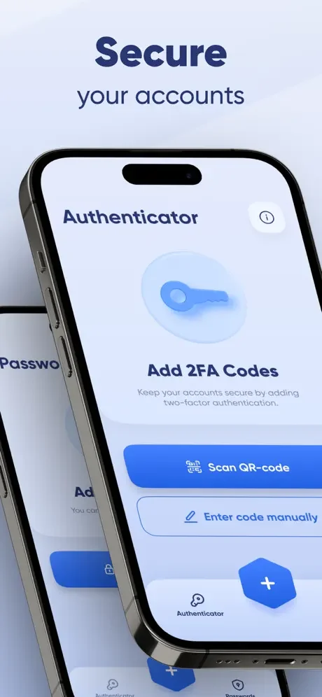 Authenticator 2FA app showing add authentication codes feature with QR-code scanner and manual entry options