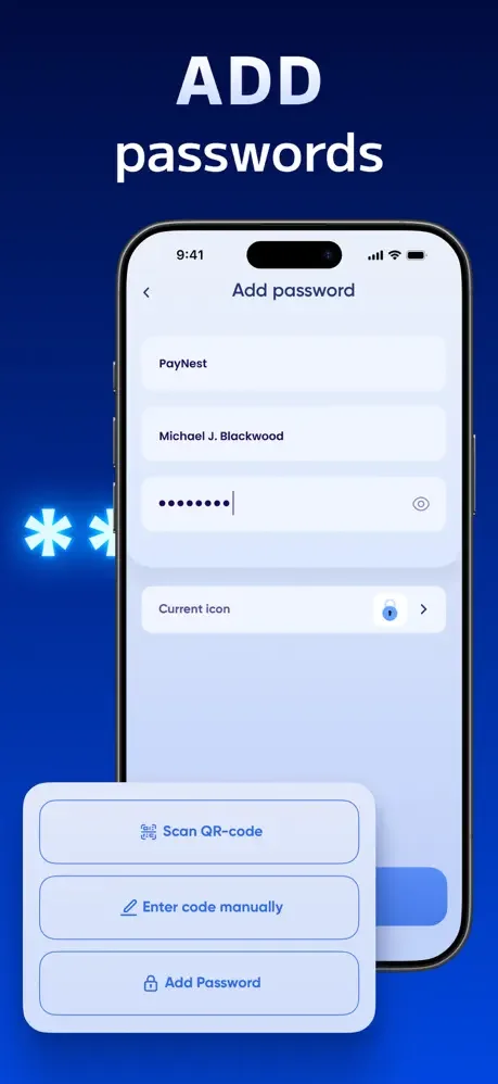 Add password form with options to scan QR codes, enter codes manually, or add passwords for 2FA security setup