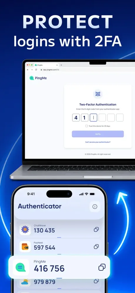 Two-factor authentication workflow showing laptop login verification using authentication codes from the Authenticator mobile app