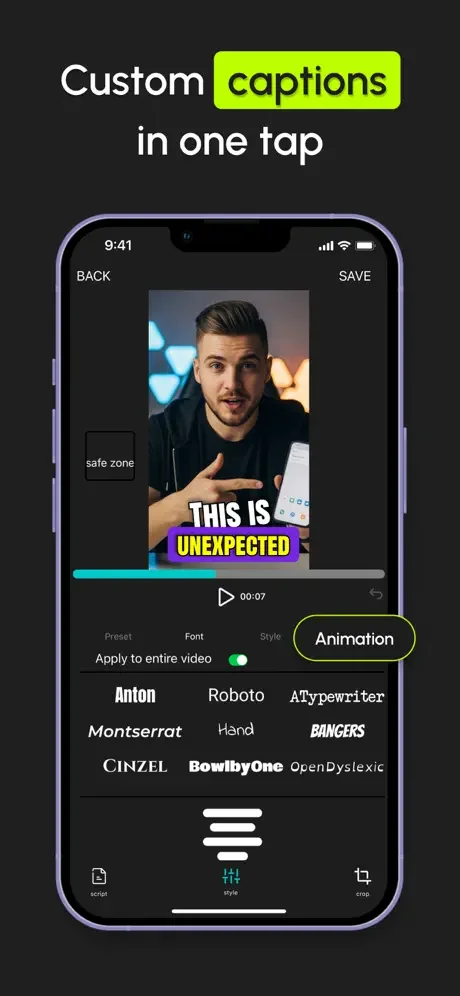 Caption customization menu with font, style, and animation options for video captions