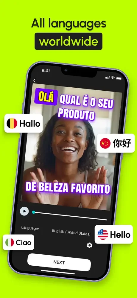 Multilingual video caption support displaying captions in Portuguese, Chinese, and other languages