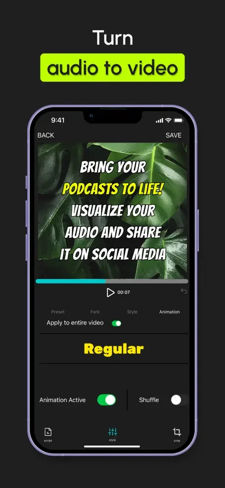 Audio to video converter feature turning podcast audio into captioned video with animations