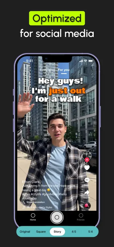 Social media format optimizer with templates for Story, Square, and other video dimensions