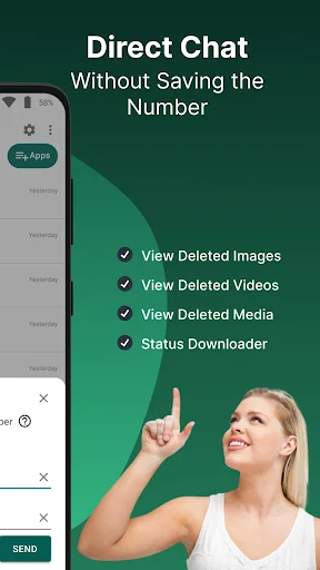 Direct chat without saving number feature screen showing deleted images, videos, media recovery and status downloader capabilities