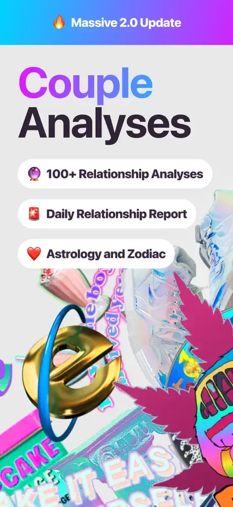 Aynen AI app home screen featuring 100+ relationship analyses, daily couple reports, and astrology insights