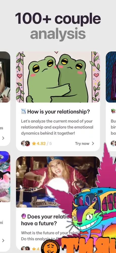 Couple analysis library showing 100+ relationship tests including relationship mood and future compatibility