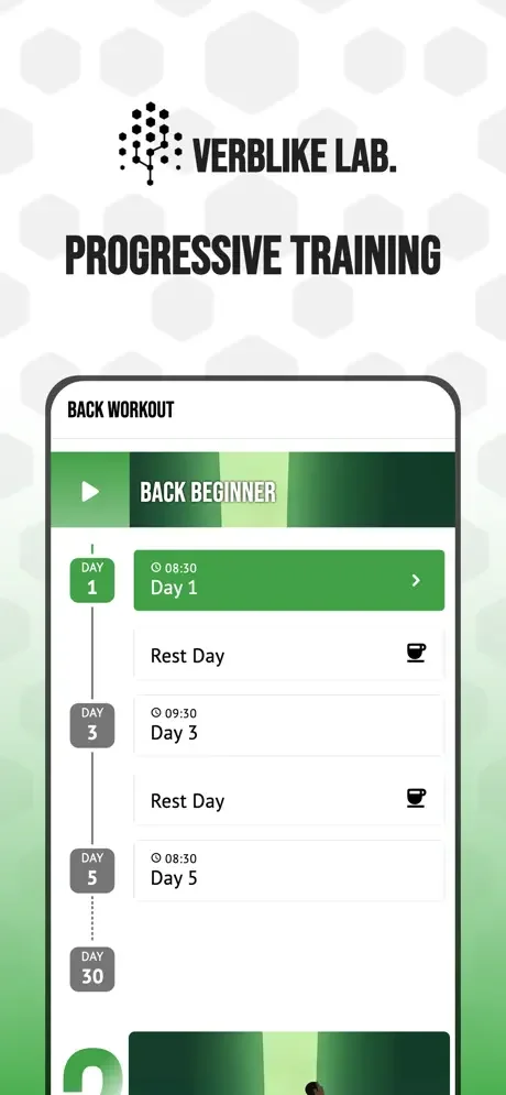Back Workout & Posture Fix progressive training schedule showing beginner back workout timeline with Day 1, 3, 5, and 30 milestones including rest days for structured fitness progression