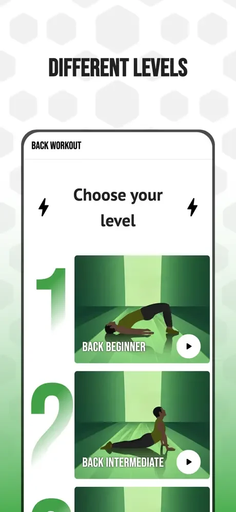 Back Workout & Posture Fix difficulty levels selection screen showing beginner and intermediate back workout options to customize your fitness training intensity