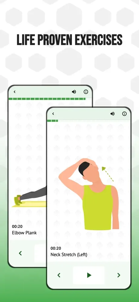 Back Workout & Posture Fix exercise demonstration screens displaying life-proven exercises including Elbow Plank and Neck Stretch with 20-second timed instructions for proper posture form