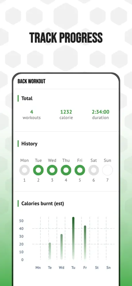 Back Workout & Posture Fix progress tracking dashboard showing 4 completed workouts, 1232 calories burned, 2:34 total duration, weekly completion history, and daily calorie burn chart