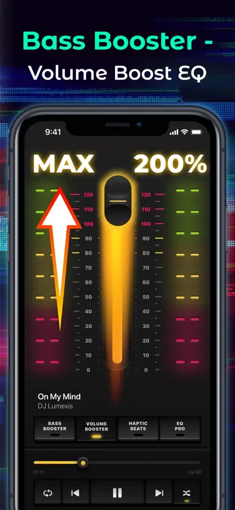 Bass Booster main interface displaying volume boost at 200% MAX with upward arrow indicator, frequency spectrum bars, music player controls, and preset buttons including Bass Booster, Volume Booster, Haptic Beats, and EQ Pro features