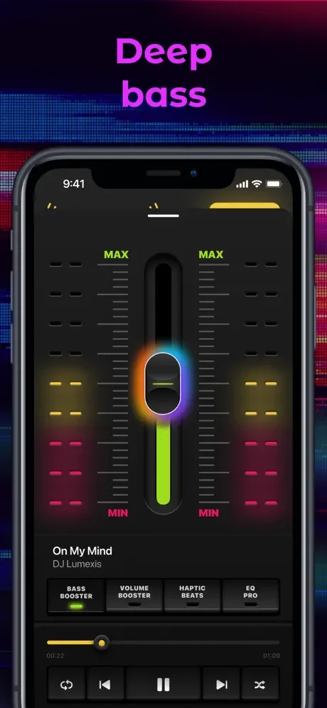 Deep bass enhancement feature with dual vertical frequency sliders displaying color-gradient visualization from orange to green, MIN and MAX labels, and real-time spectrum equalizer bars on both sides