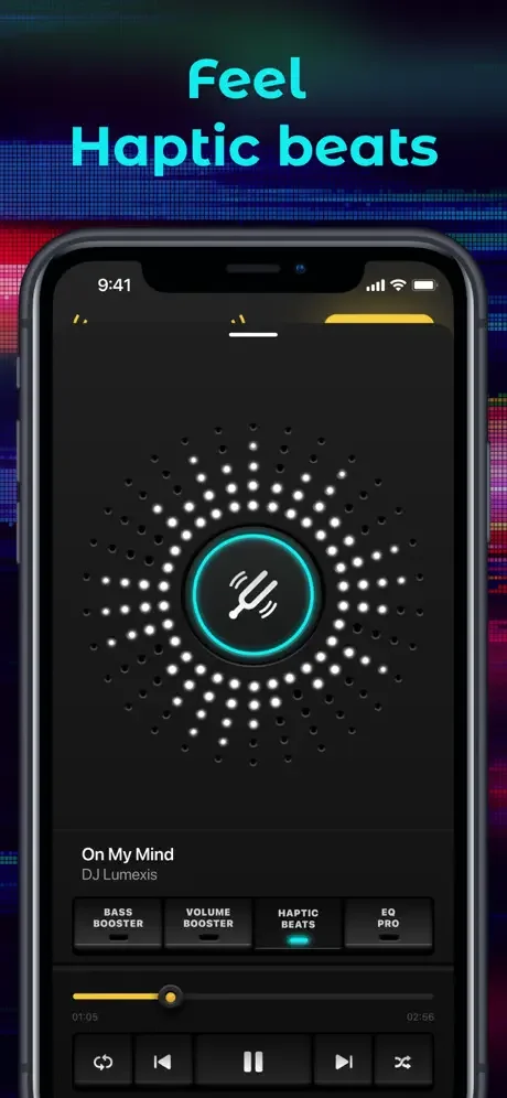 Haptic beats vibrational feedback feature showing cyan circular icon surrounded by expanding dot pattern visualization, creating immersive sensory music experience effect