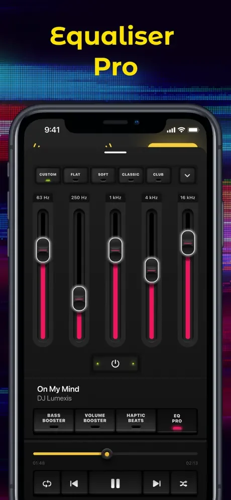 Equaliser Pro with 5-band frequency slider controls at 63 Hz, 250 Hz, 1 kHz, 4 kHz, and 16 kHz, featuring preset tabs for Custom, Flat, Soft, Classic, and Club audio profiles