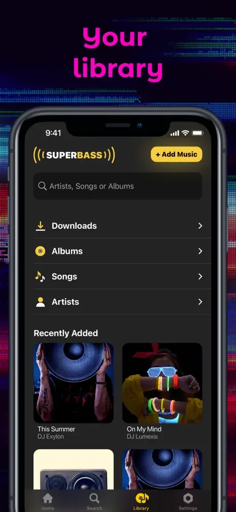 Music library management screen with search bar for artists and songs, Add Music button, browsable sections for Downloads, Albums, Songs, and Artists with recently added album cover thumbnails