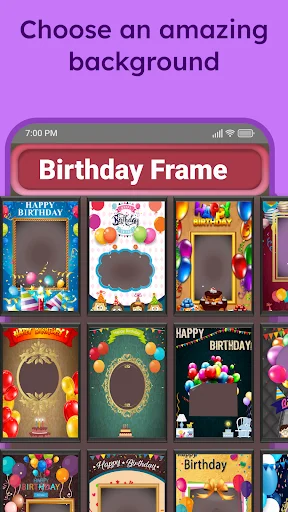Background selection gallery with diverse birthday frame templates featuring colorful designs and festive decorations
