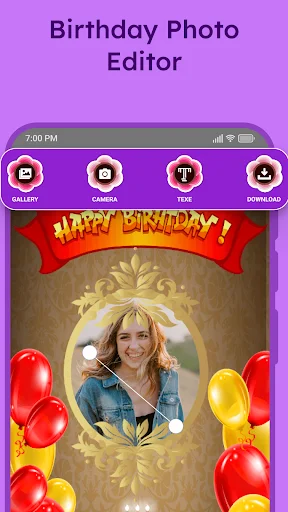 Birthday photo editor with editing tools displaying a customized frame with Happy Birthday banner and balloons