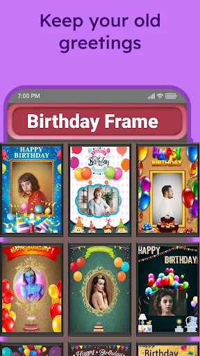 Saved birthday greetings library showing collection of custom-created birthday photo frame designs and previous cards