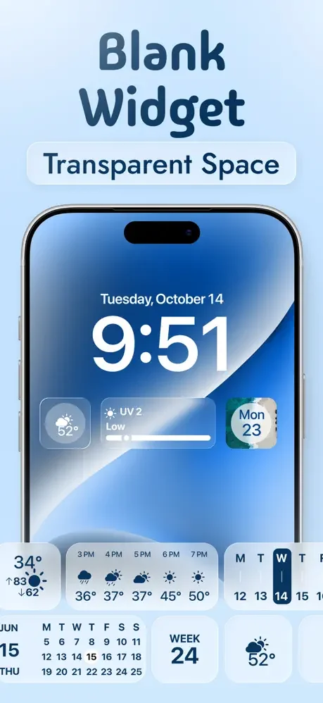 Blank Widget Transparent Space app title screen displaying customizable weather and calendar widgets on blue iPhone
