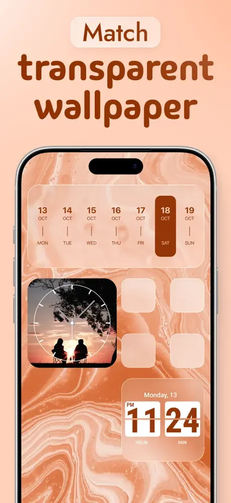 Match transparent wallpaper feature showing coral peach theme with calendar and time widgets on iPhone display