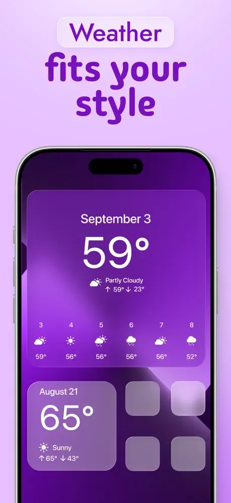 Purple weather widgets displaying temperature and forecast matching vibrant gradient homescreen customization design