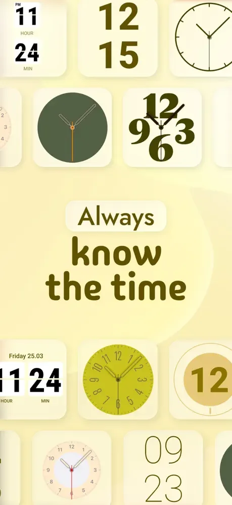 Time widget showcase featuring variety of digital and analog clock styles in yellow minimalist grid layout