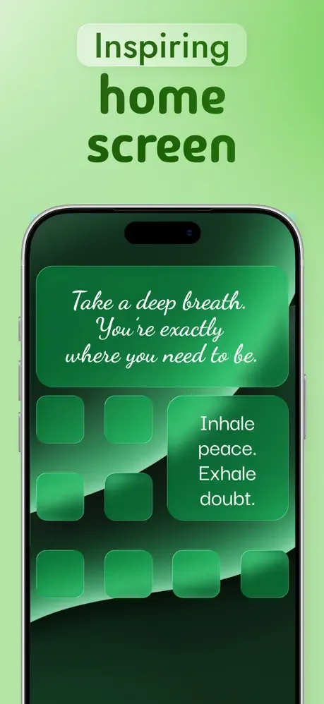 Inspiring green homescreen with motivational quote widgets and transparent rounded square widget spaces on iPhone