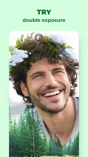 Double exposure effect preview with male portrait blended seamlessly with forest and mountain landscape scenery