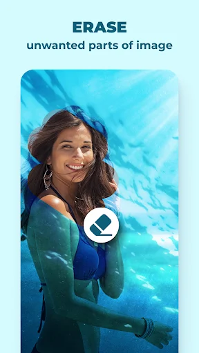 Photo eraser tool interface with circular brush icon for removing and editing unwanted elements from underwater photos