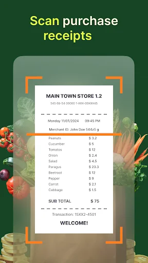 Receipt scanner capturing itemized purchase list with subtotal, tax, and total transaction amount