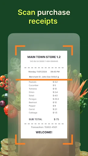 Receipt scanner capturing itemized purchase list with subtotal, tax, and total transaction amount