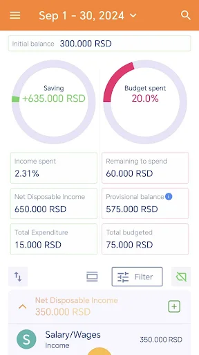 Budget tracking dashboard with savings progress, spending percentages, income/expense breakdown by category
