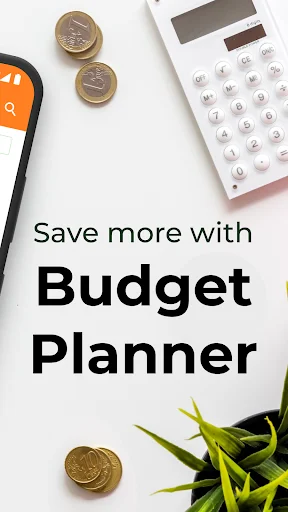 Save more with Budget Planner promotional image with coins, calculator, and financial planning elements