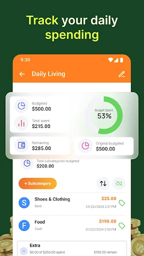 Daily Living expense tracker showing category budget, 53% spending progress, and itemized transactions