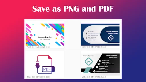 Save as PNG and PDF export screen showing business card format and file type options