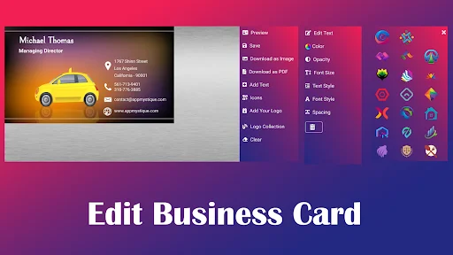 Edit Business Card interface with car template, customization tools, and editing options panel