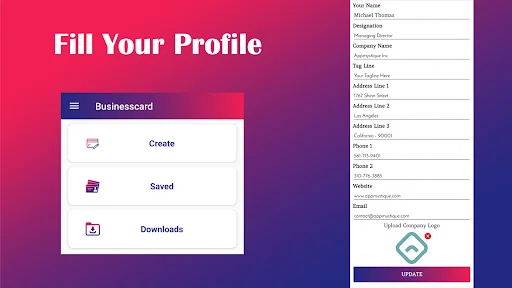 User profile management with Businesscard Create, Saved, and Downloads menu selections