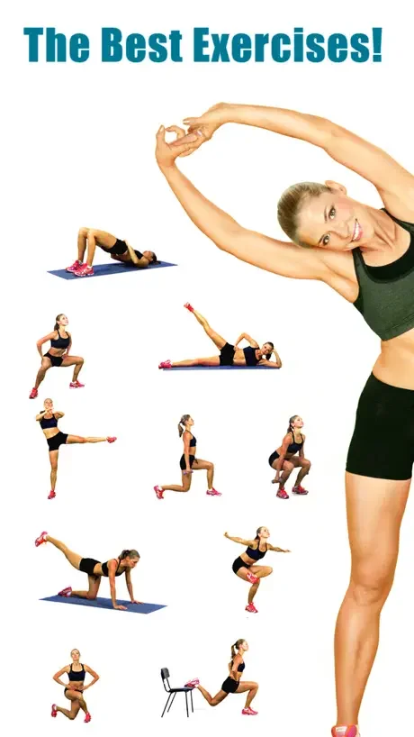 Glute and booty exercise gallery with fitness trainer demonstrating squats, lunges, leg lifts, and bridge poses