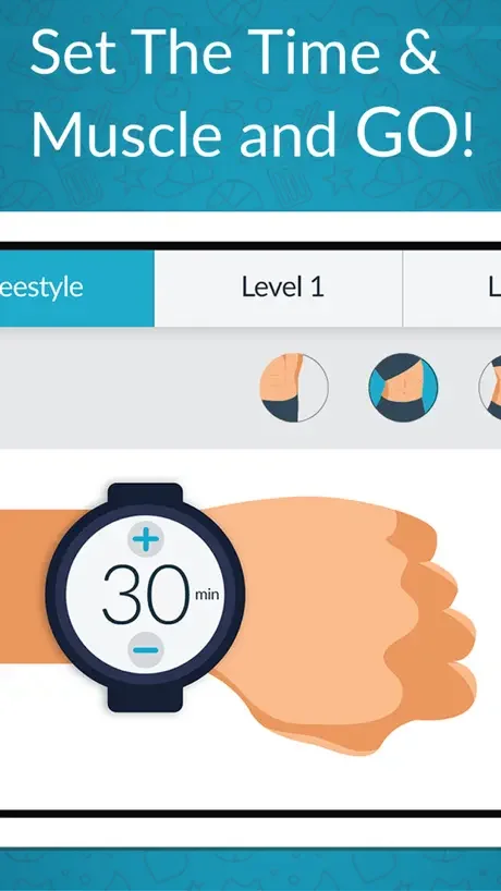 Workout setup with Level 1 difficulty, glute muscle selection, and 30-minute timer for booty fitness training