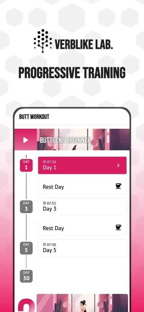 Booty Lift progressive training timeline showing beginner glute workout days scheduled across 30-day program with rest days