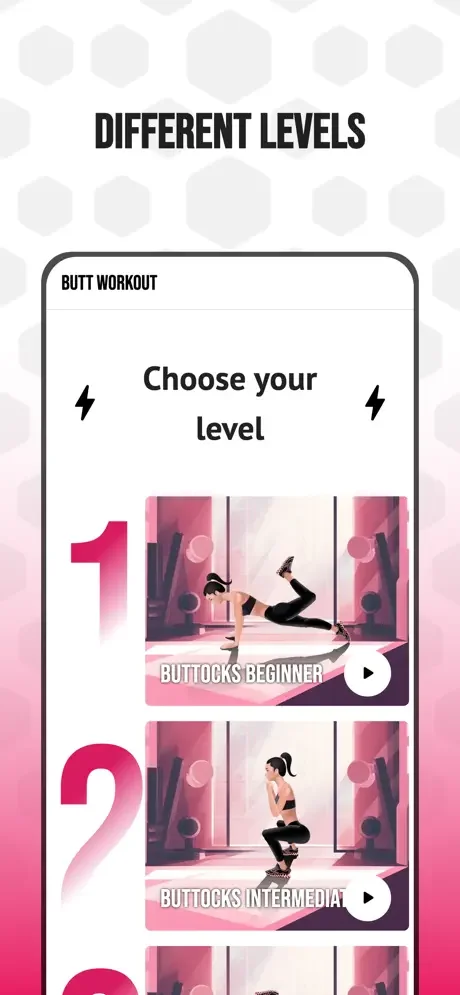 Choose your difficulty level interface displaying beginner and intermediate butt and glute fitness training workout options