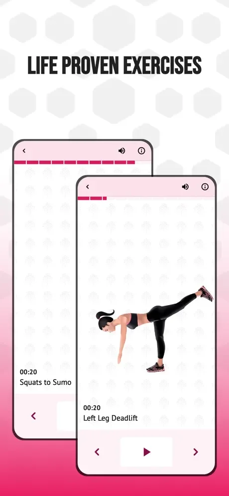 Workout video demonstration screens showing guided exercise tutorials for glute exercises including squats and deadlifts