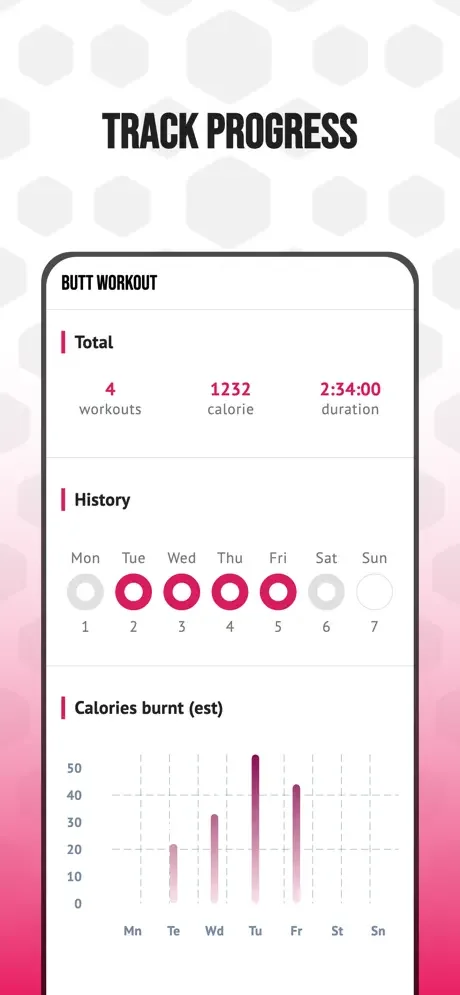 Fitness progress tracking dashboard displaying total workouts completed, calories burned, weekly history, and calorie burn chart