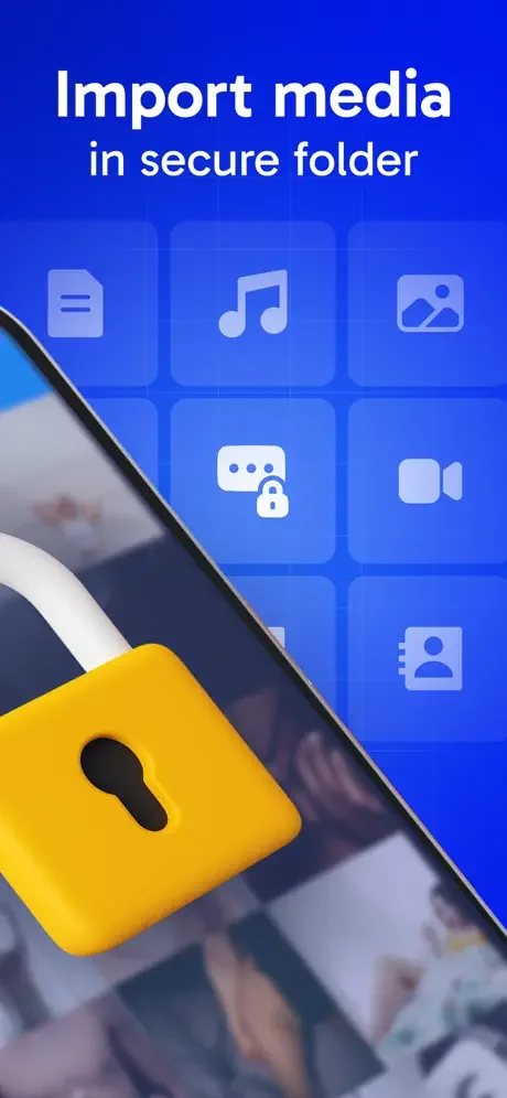Import media secure folder interface displaying icons for documents, music, photos, messages, videos and contacts storage on phone