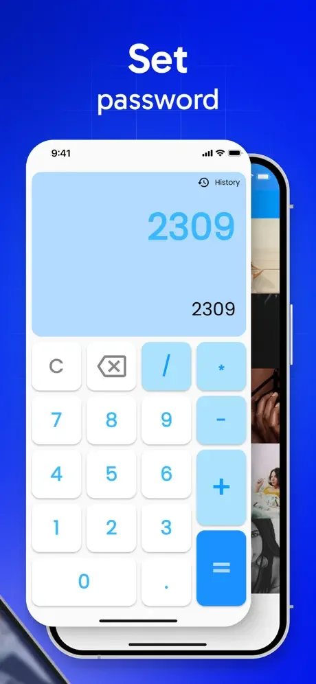 Set password screen featuring calculator lock interface with numerical keypad and 2309 code entry for vault protection
